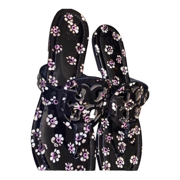 Designer Tory Burch Miller Sandal Patent Leather Black & Floral Print New Size 8 - Picture 10 of 11